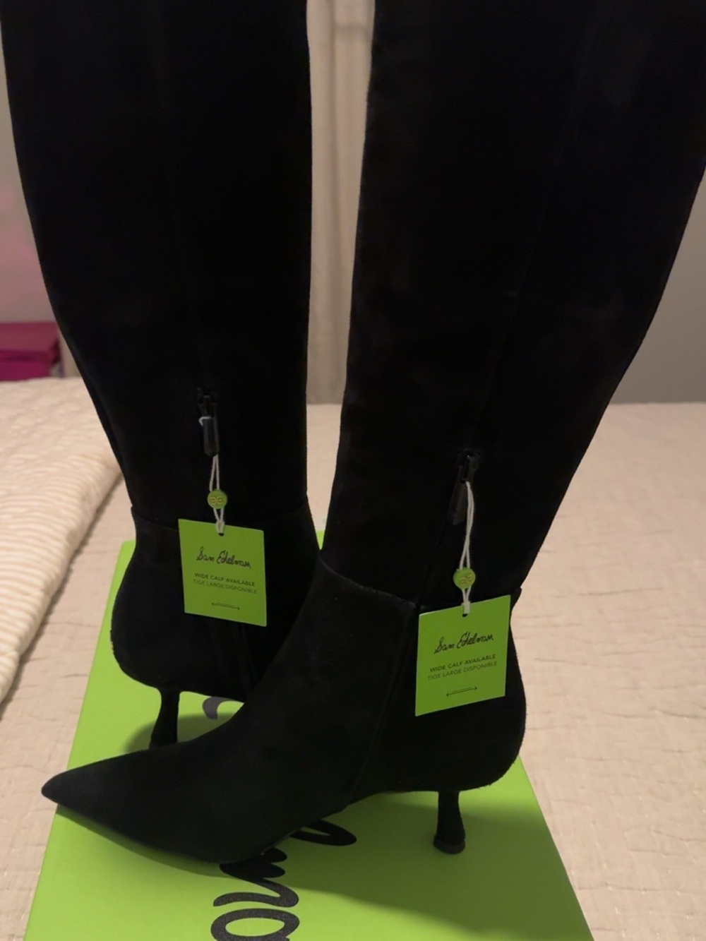 Sam Edelman TAYLIN, Black Suede Pointed-Kitten Heel Knee Boots 7.5